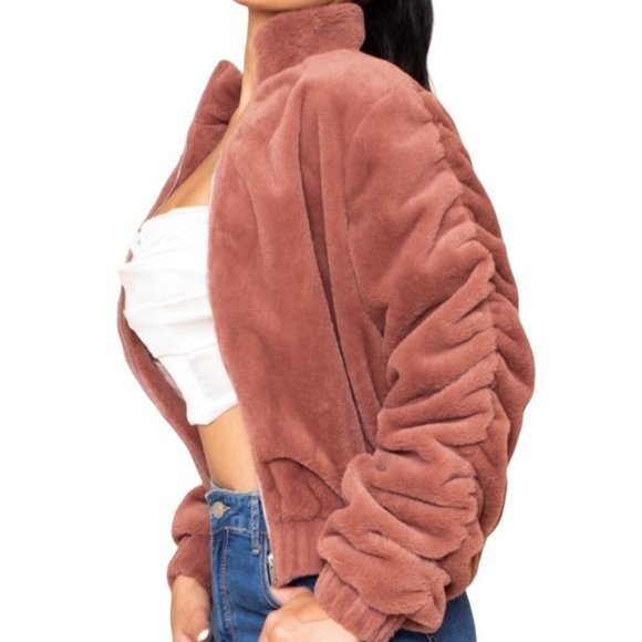 Symphony Plush Cropped Puffy Bomber Jacket Mauve Pink Size Large NWT - Picture 1 of 4